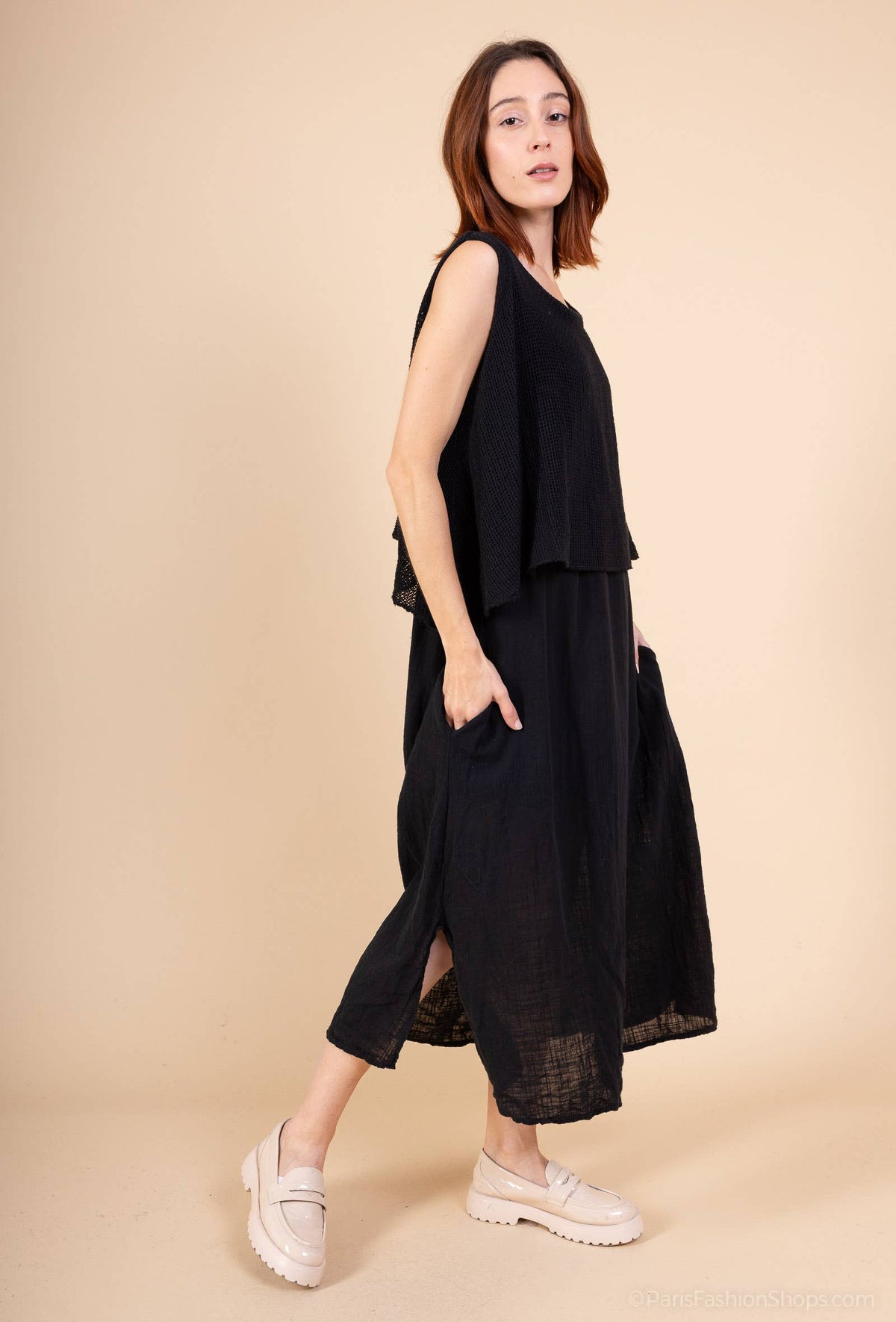 Vestido largo con superposición y top corto de malla 30496