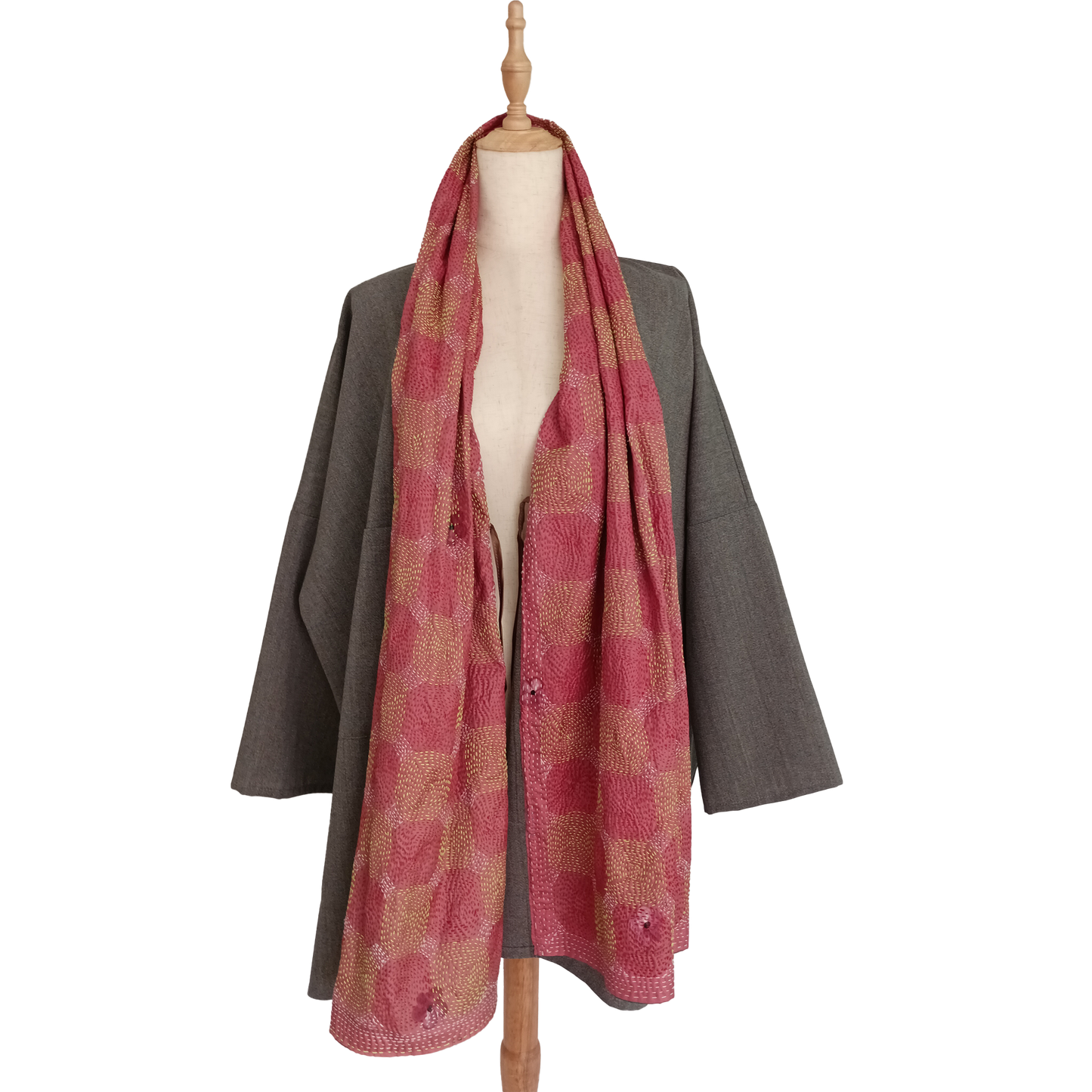 Wool and silk pea coat with buil-in reversible silk stole