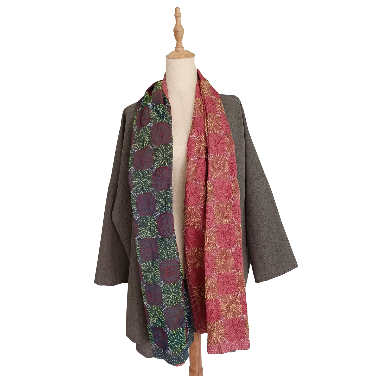 Wool and silk pea coat with buil-in reversible silk stole