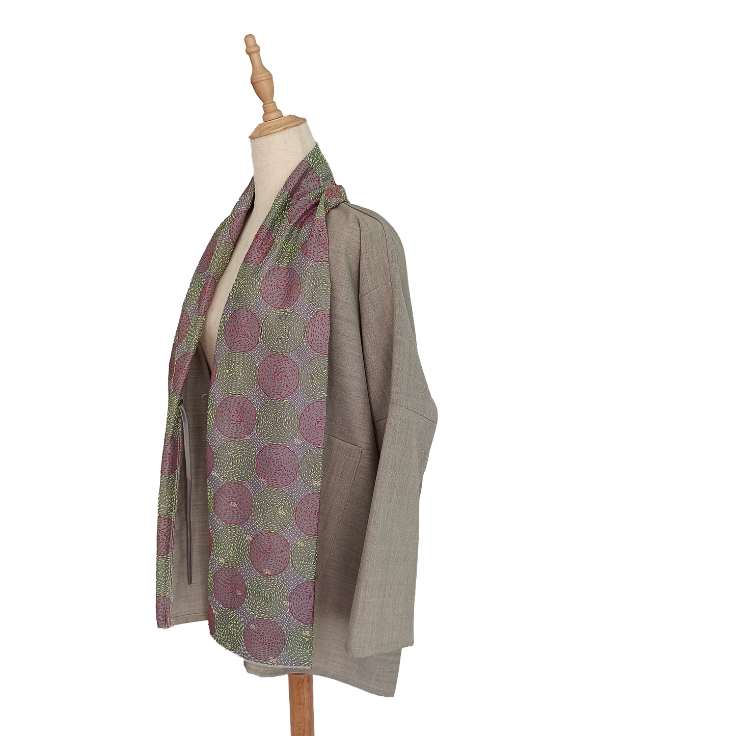 Wool and silk pea coat with build-in reversible silk stole