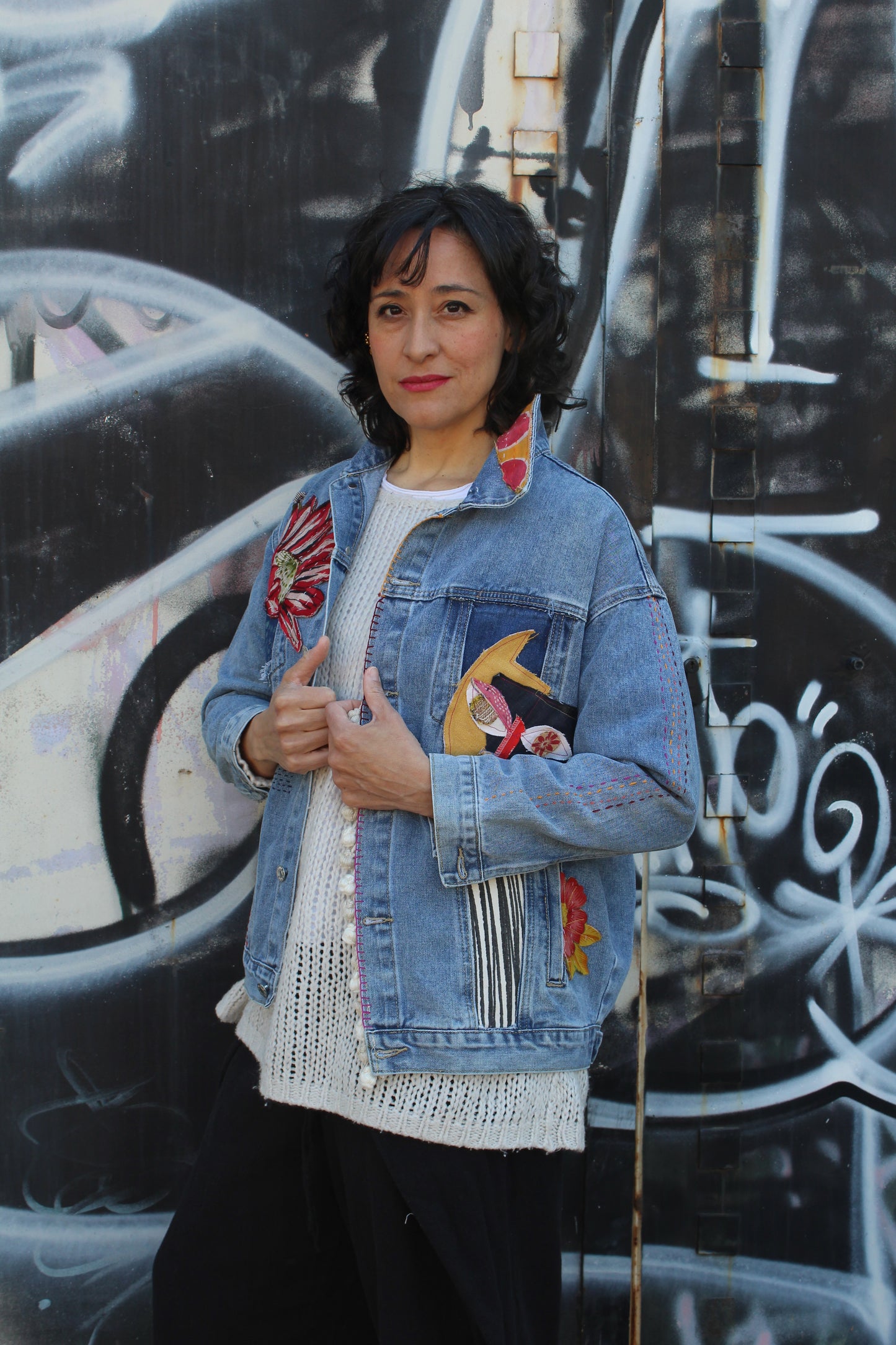 Upcycled Jeans Jacket - Flower Cat