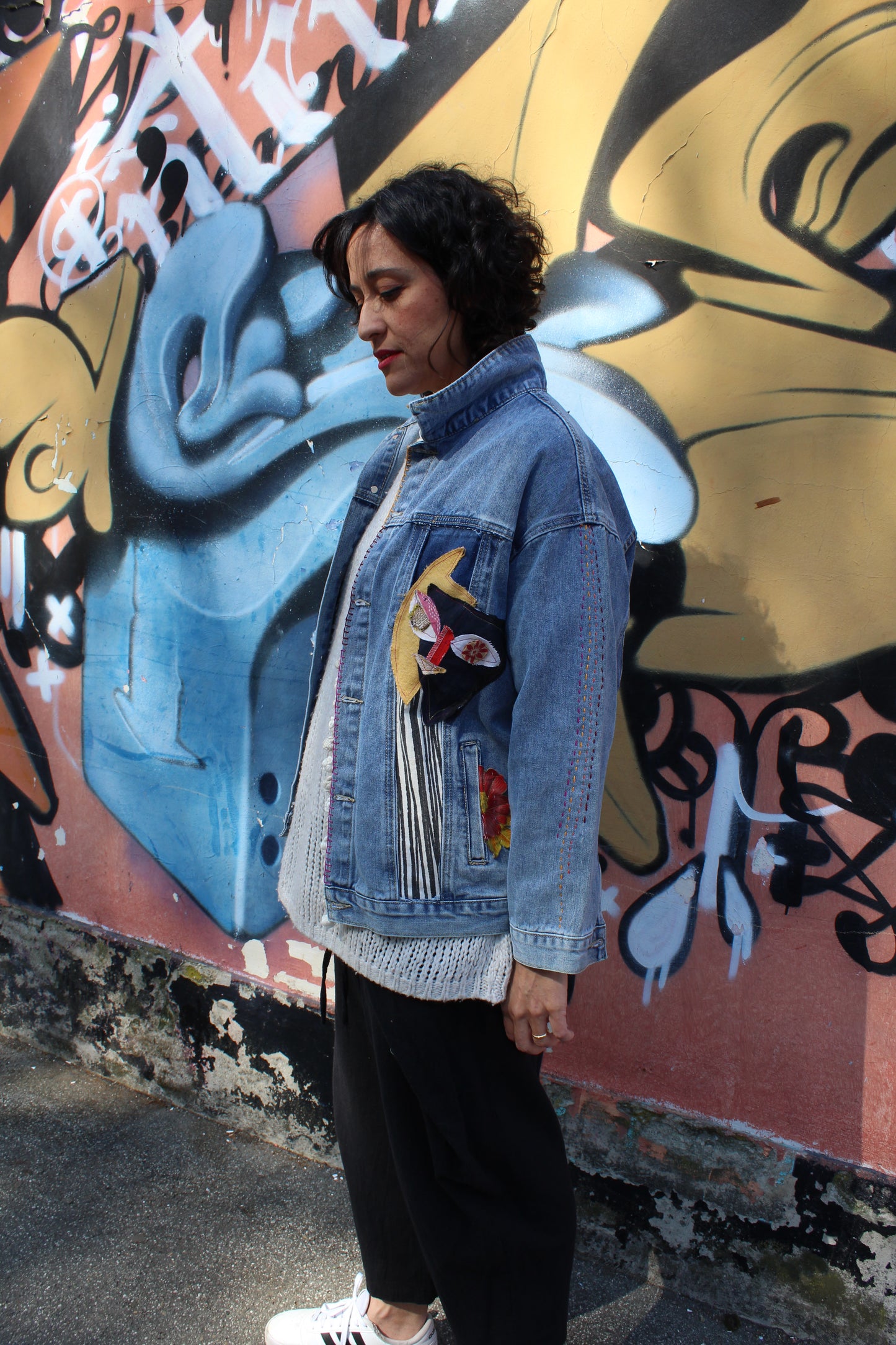 Upcycled Jeans Jacket - Flower Cat