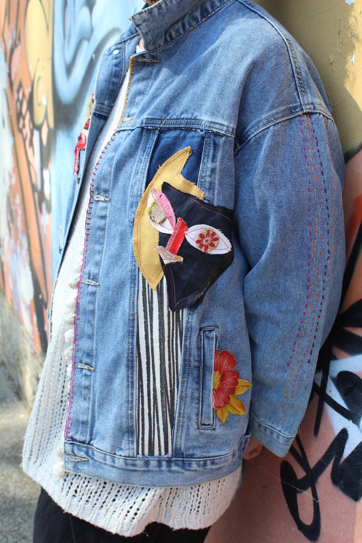 Upcycled Jeans Jacket - Flower Cat