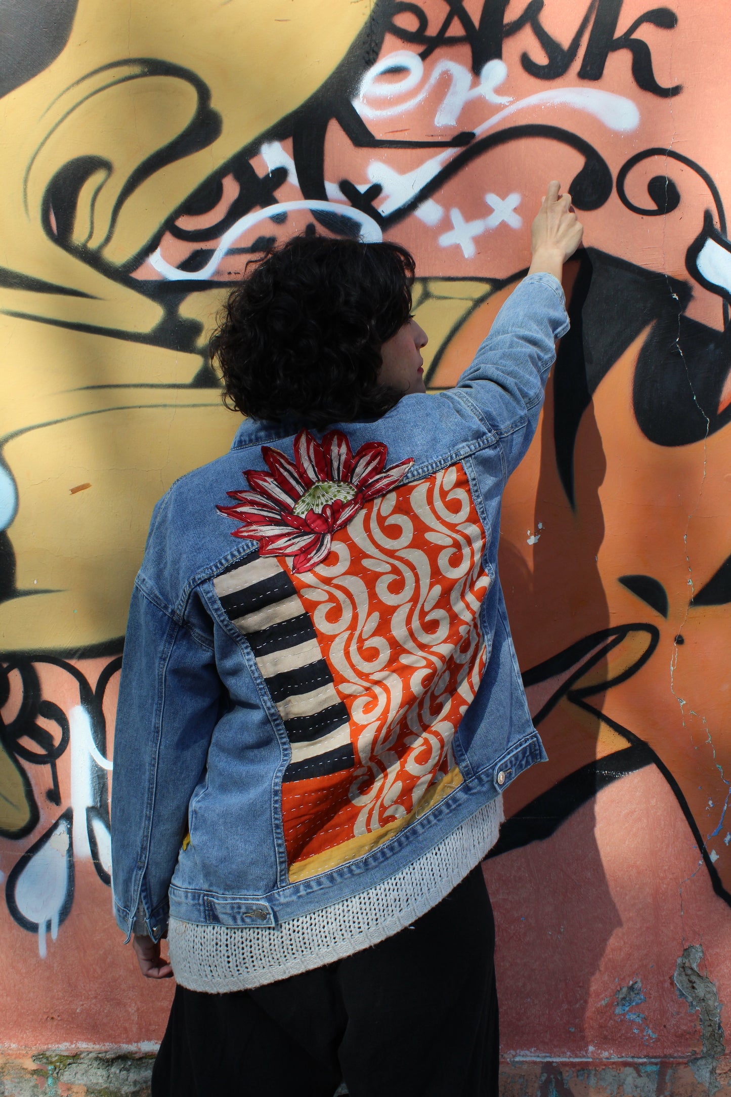 Upcycled Jeans Jacket - Flower Cat