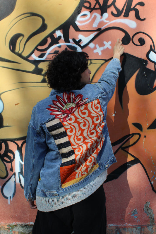 Upcycled Jeans Jacket - Flower Cat
