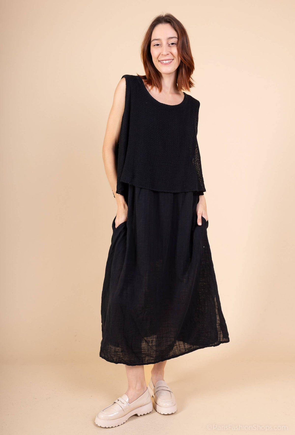 Vestido largo con superposición y top corto de malla 30496