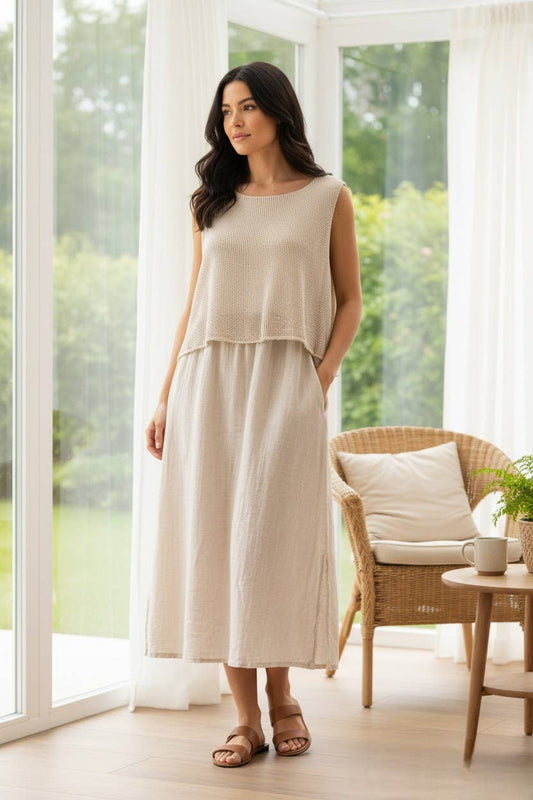 Vestido largo con superposición y top corto de malla 30496